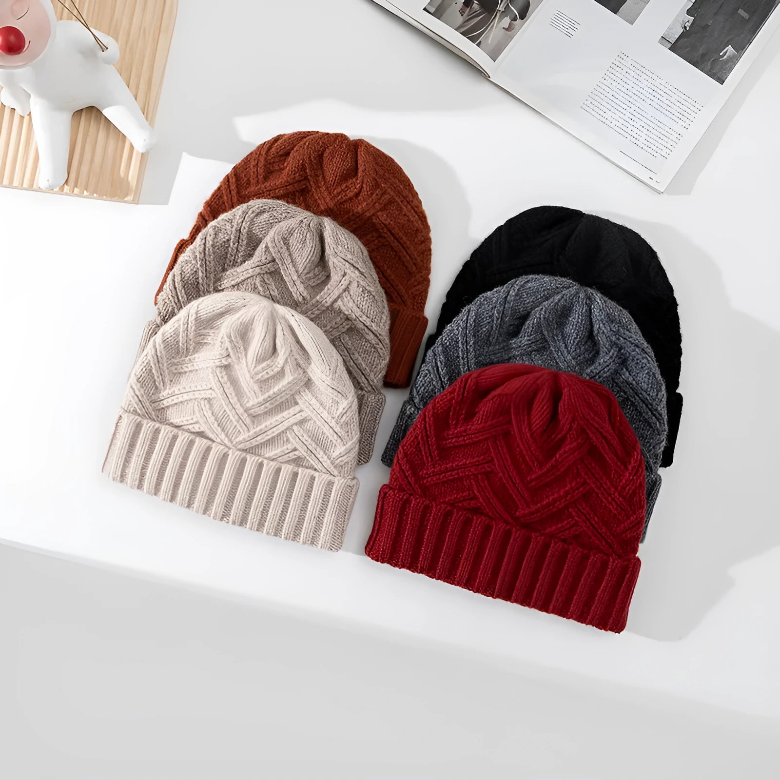 Wool knitted women's winter hat with dome crown and totem pattern in ankela red colour