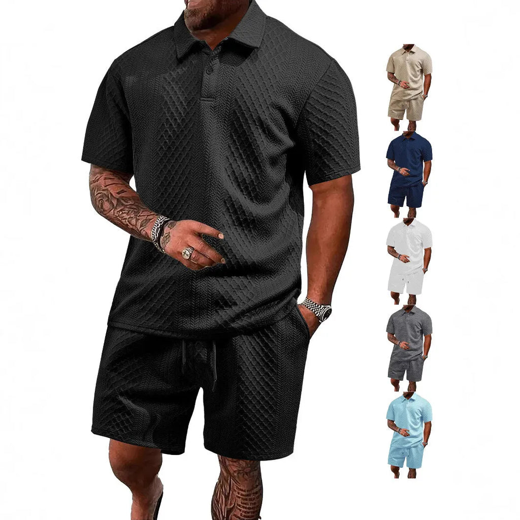 Men's patterned polyester casual suit with short-sleeve polo shirt and trousers in multiple colour options