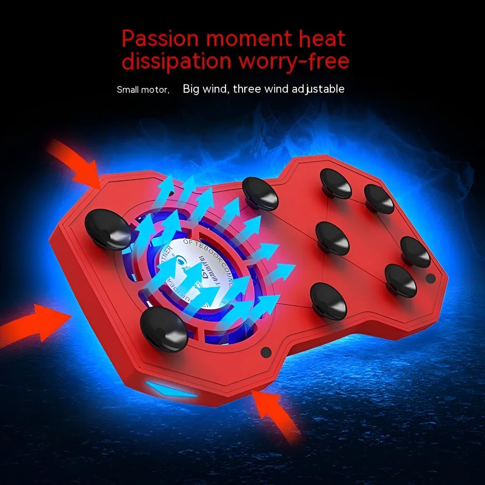 Red portable mobile phone cooling fan heat sink with USB cable on blue background