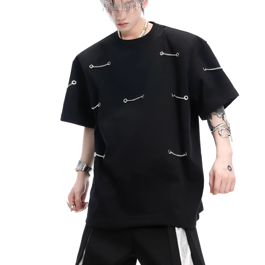 Black heavy cotton t-shirt with padded shoulder panels and silver metal chain decorative details