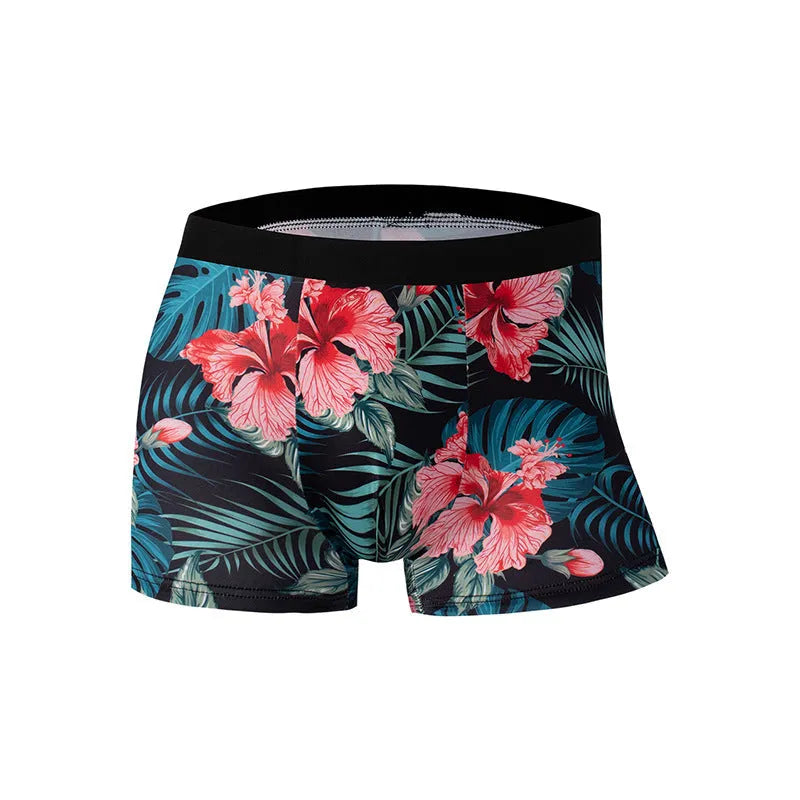 Men's printed ice silk underwear in floral pattern showing mid-waist design