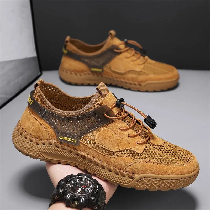 Men's brown suede tennis shoes with elastic band closure and hand-stitched rubber soles