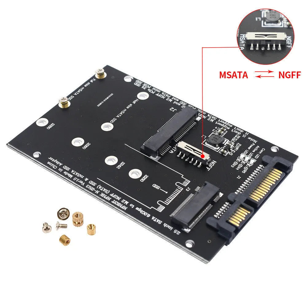 Black and blue SATA3 to M.2 NGFF MSATA SSD adapter card on a white background.