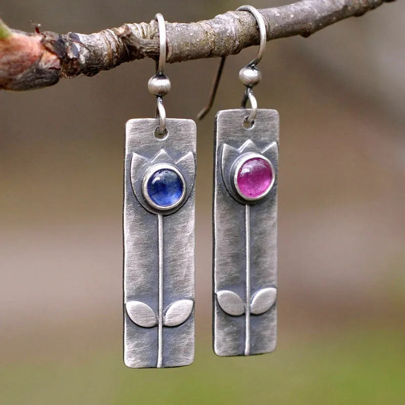 Geometric ellipse earrings with antique red sapphire finish and electroplated metal construction