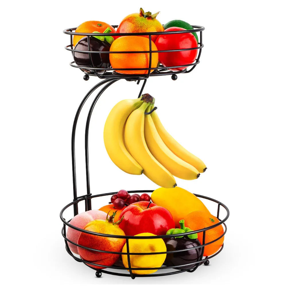 Double-layer black wrought iron fruit basket with open-weave design for produce storage