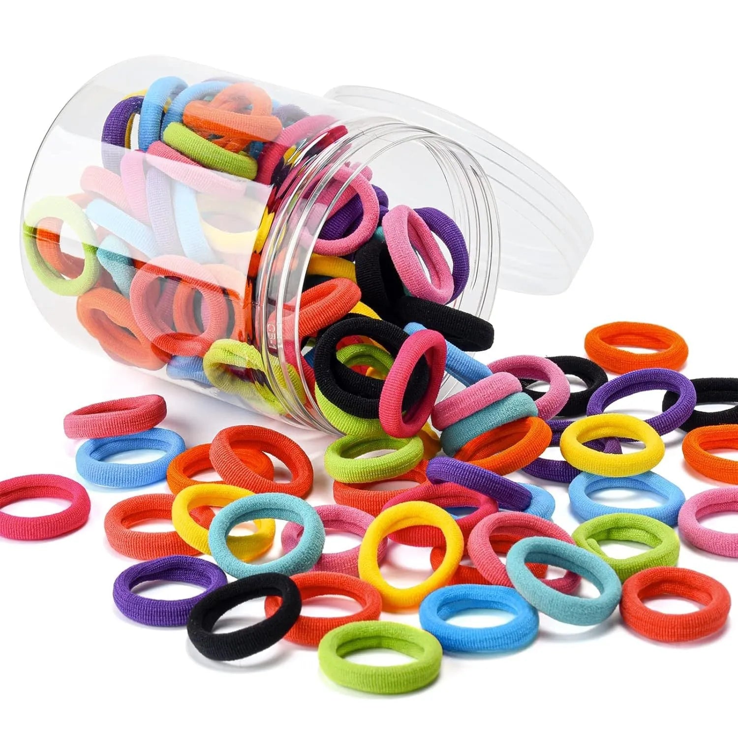 Jar of 100 multicoloured seamless cotton baby hair ties for toddlers and girls.