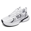 Men's mesh running shoes in three colour options showing round toe design and plastic sole construction