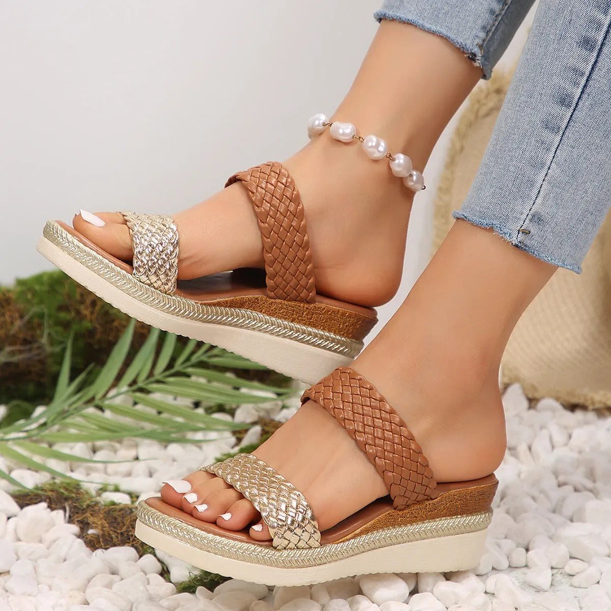 Gold or silver plus size wedge sandals for women in sizes 36 to 43