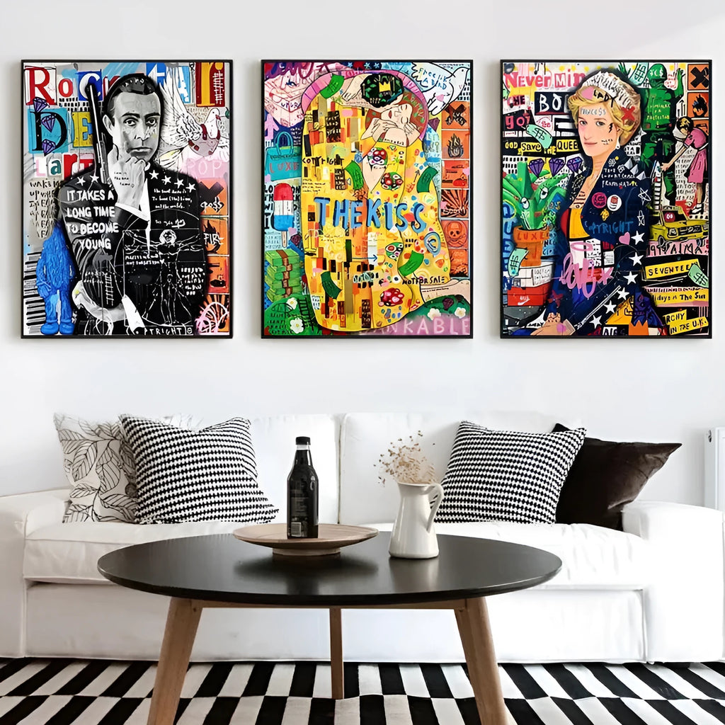 Frameless abstract graffiti canvas poster with spray painted street art design, available in sizes from 20x25cm to 80x120cm.