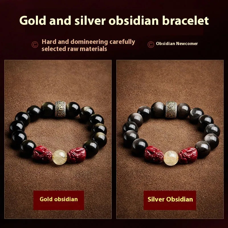 Hand-carved cinnabar bead bracelet with Jinniu zodiac design in gold obsidian colour