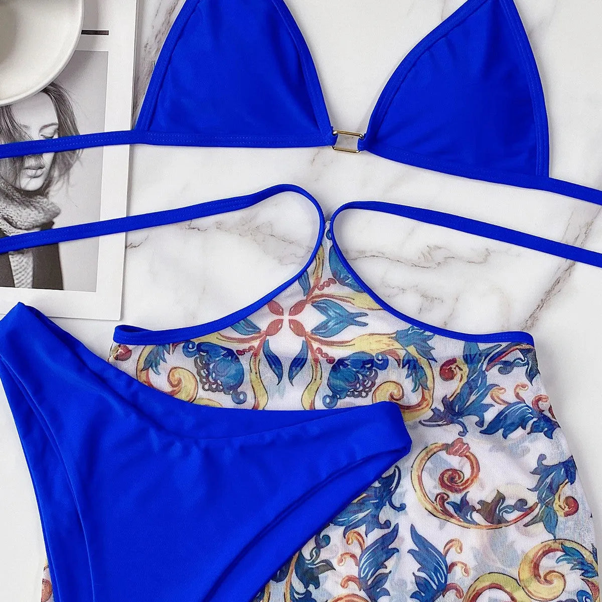 Blue triangle bikini 3 piece set with chest pad for women, spandex polyester, sizes S M L