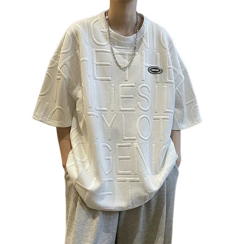 Men's black t-shirt with white three-dimensional letter print showing retro summer design