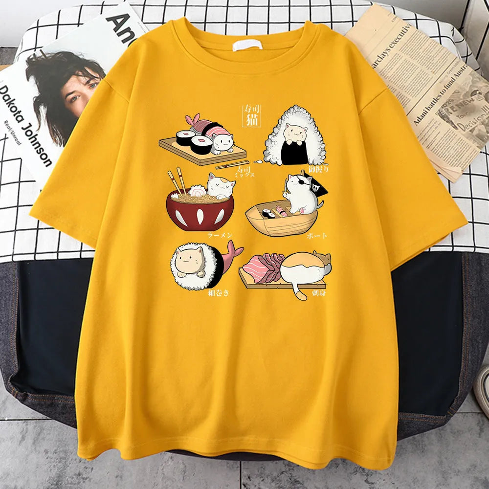Mens black cotton t-shirt with a cartoon print of a cat dressed as sushi on a loose fit short sleeve.