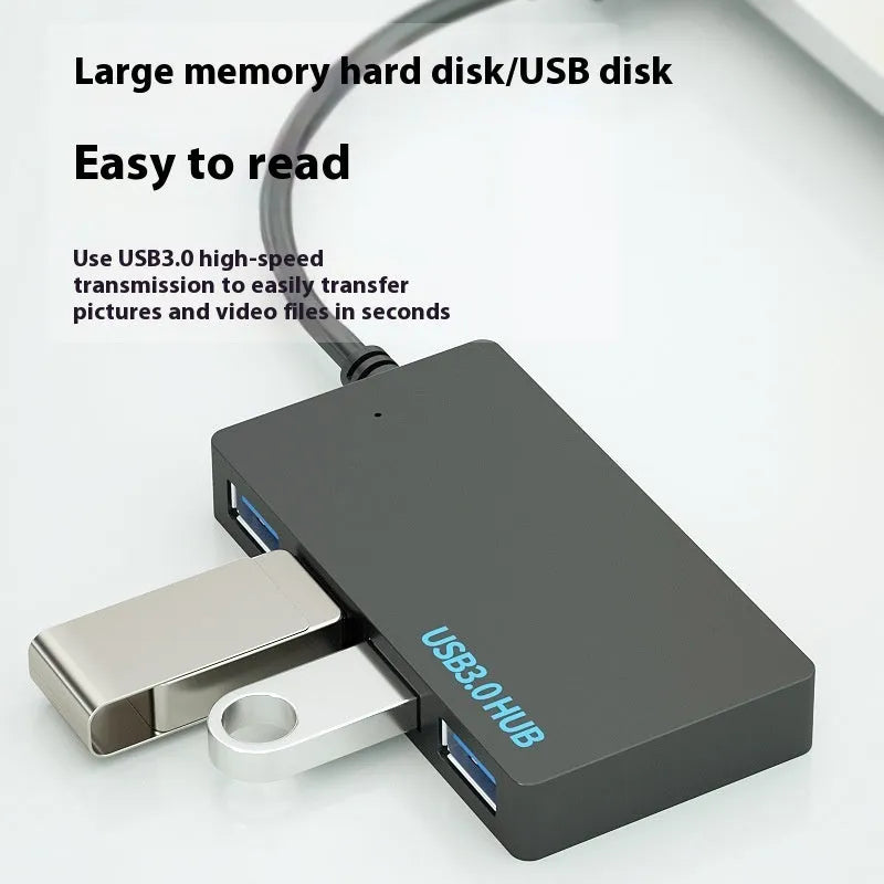 A white one-to-four-port USB hub with a 20cm cable, shown with USB-A and Type-C connector options.