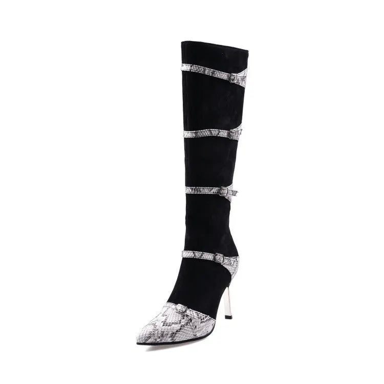 Grey and black women's knee-high boots with a thin high heel on a rubber sole.