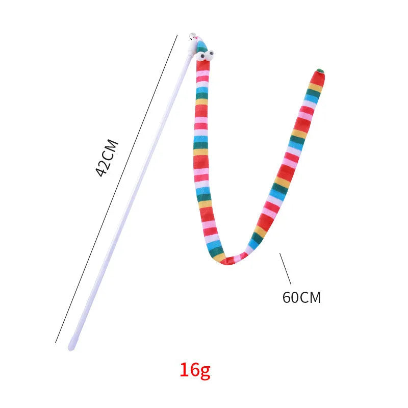 Cat wand teaser toy with long plush strip on a polycarbonate pole, shown in vibrant colours.