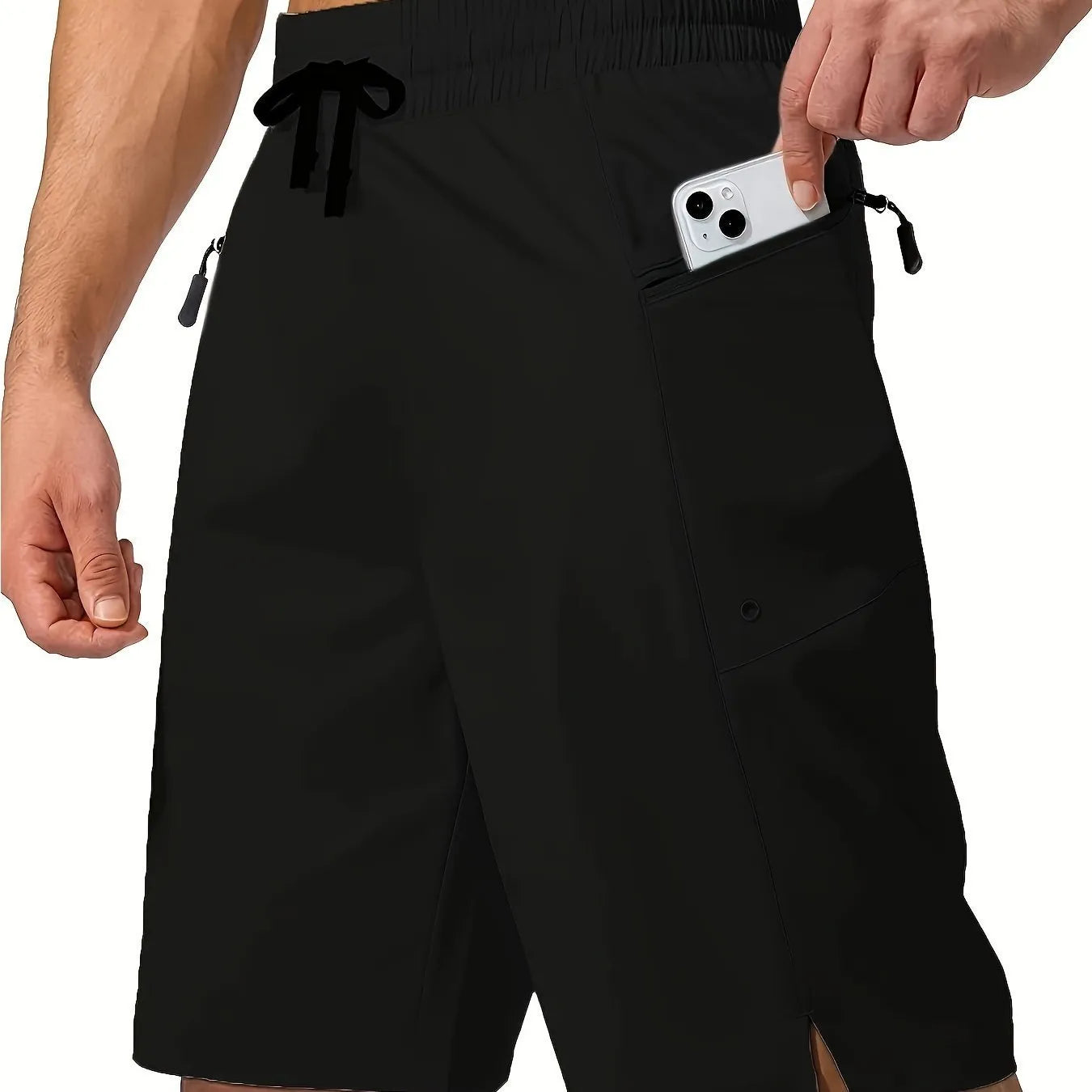 Men's quick-drying beach shorts in solid colours showing straight-leg design and polyester fabric texture