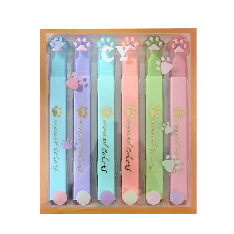 Cat's Paw set of six fluorescent marking pens with oblique heads in a box.