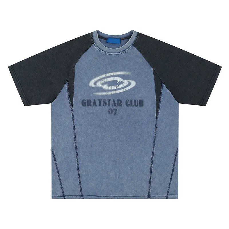 Men's blue hip hop letter print T-shirt with raglan sleeves, loose fit casual top