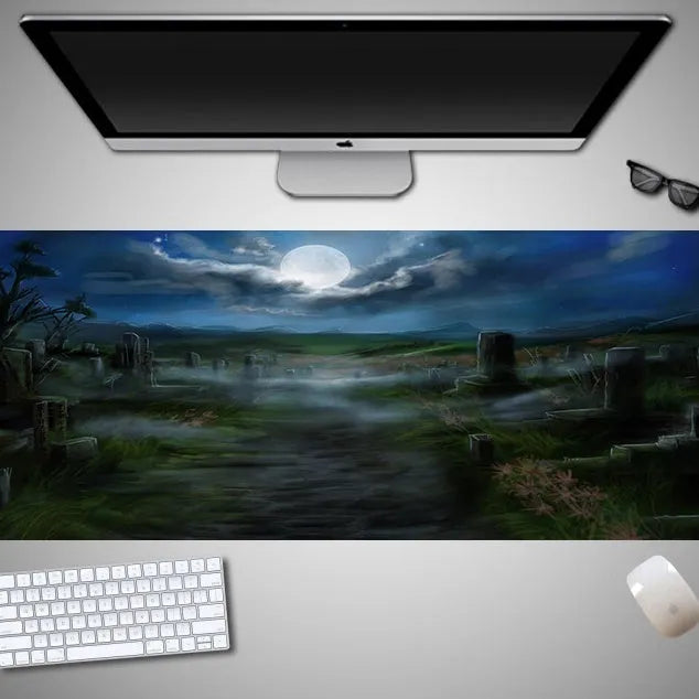 Large Halloween patterned gaming mouse pad on a desk showing non-slip rubber base and extra-long design.
