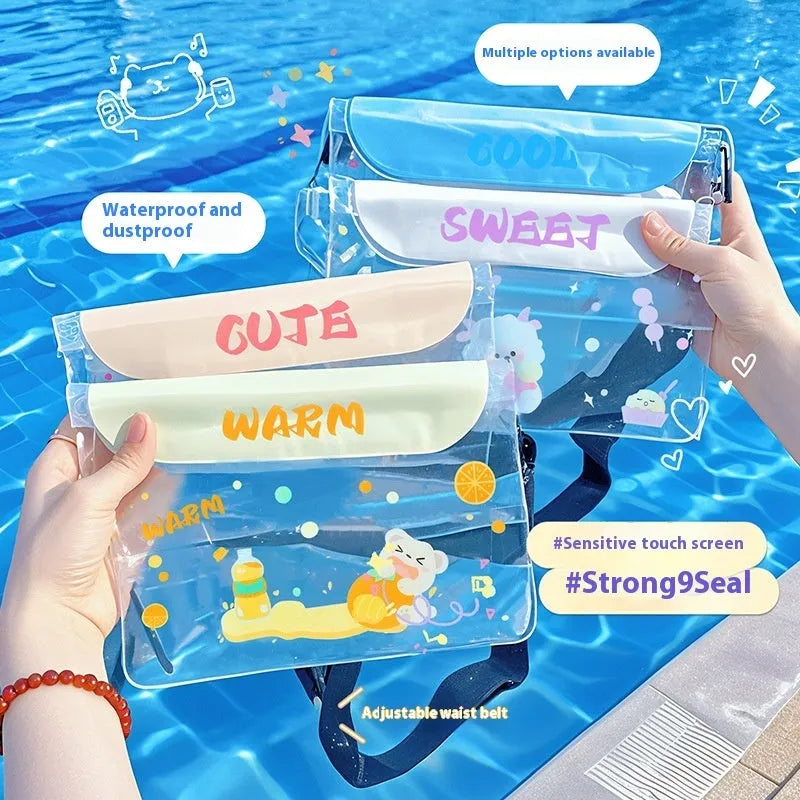 PVC waterproof mobile waist bag with touch screen and adjustable strap, blue whale cartoon design