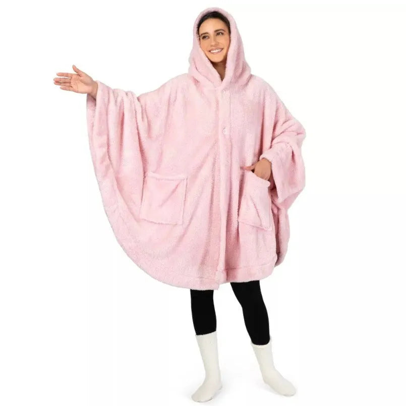 Thickened hooded bathrobe in polyester fabric with cardigan-style closure, shown in available colours
