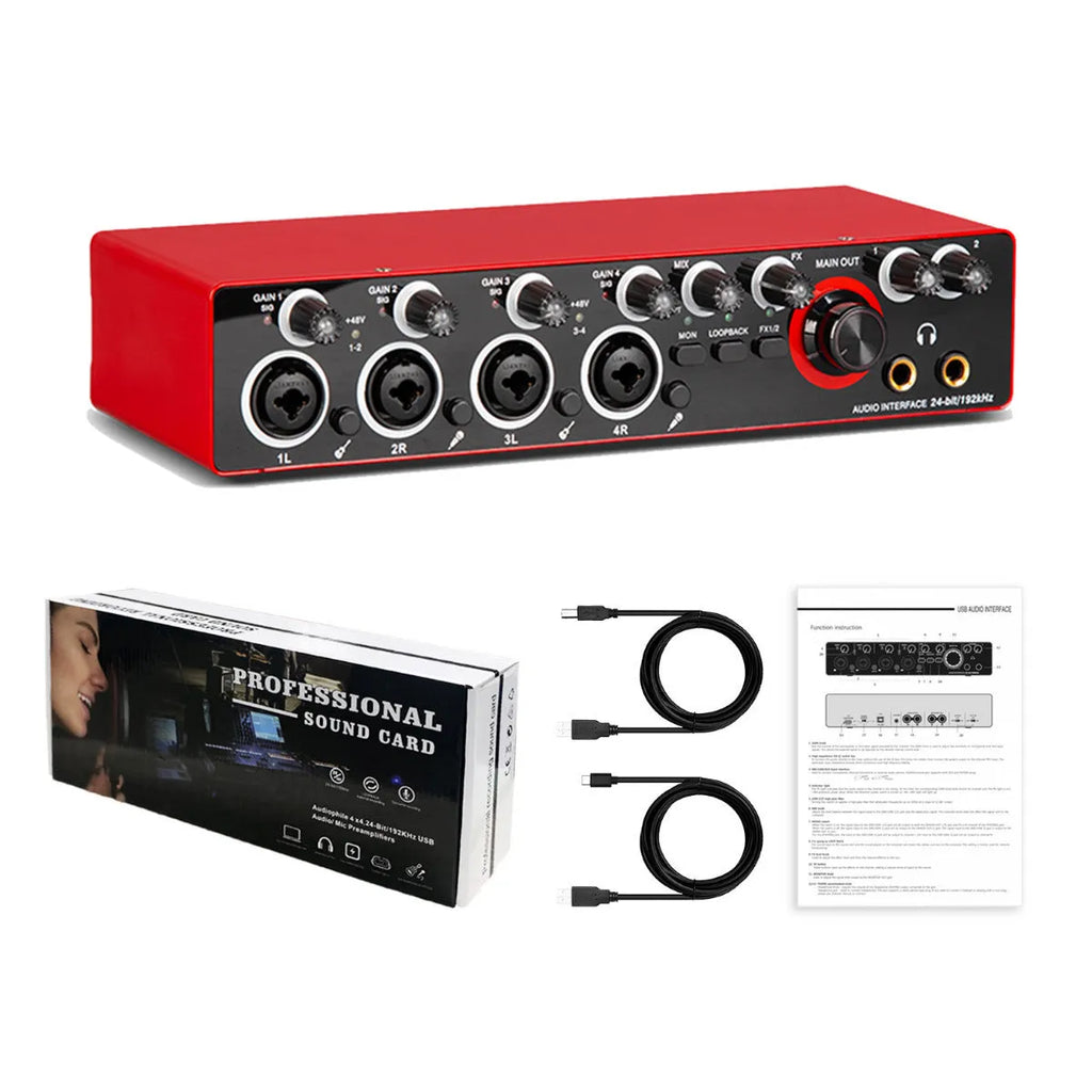 MD44 driver-free external sound card with Cannon and 6.5 interfaces, available in black or red, with connection cables