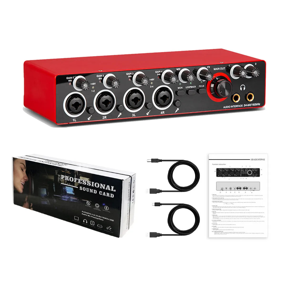 MD44 driver-free external sound card with Cannon and 6.5 interfaces, available in black or red, with connection cables