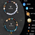 Set of twelve beaded bracelets with natural stone beads and zodiac charms on a table.