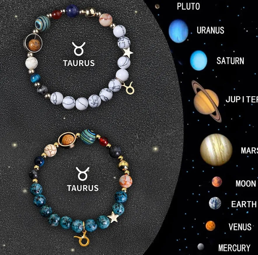 Set of twelve beaded bracelets with natural stone beads and zodiac charms on a table.