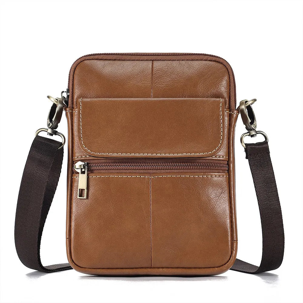 Men's brown genuine leather crossbody shoulder bag with visible sewing lines