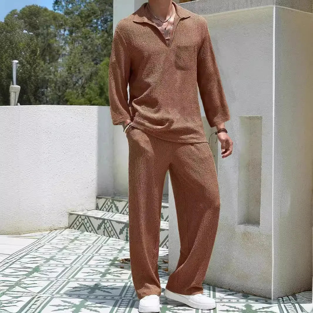 Men's casual shirt trousers suit in polyester, shown in lake blue, with shirt-style jacket and matching trousers.