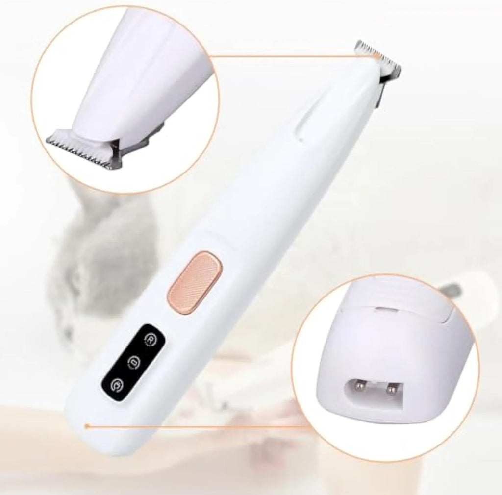White electric dog paw trimmer with LED light showing 17.7cm length for pet grooming