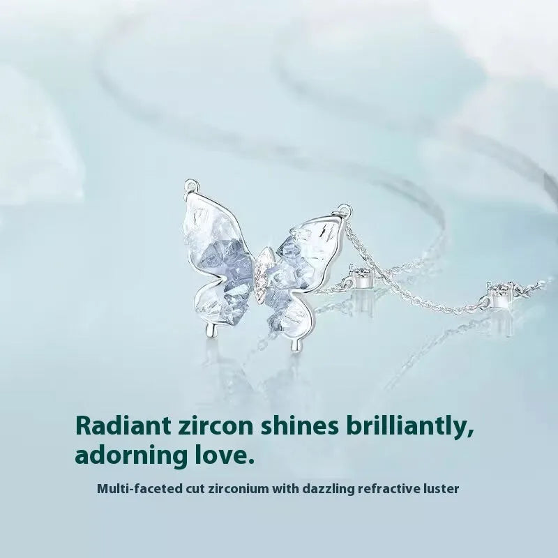 Bingyu Butterfly S925 silver adjustable clavicle necklace with ice rain butterfly pendant.