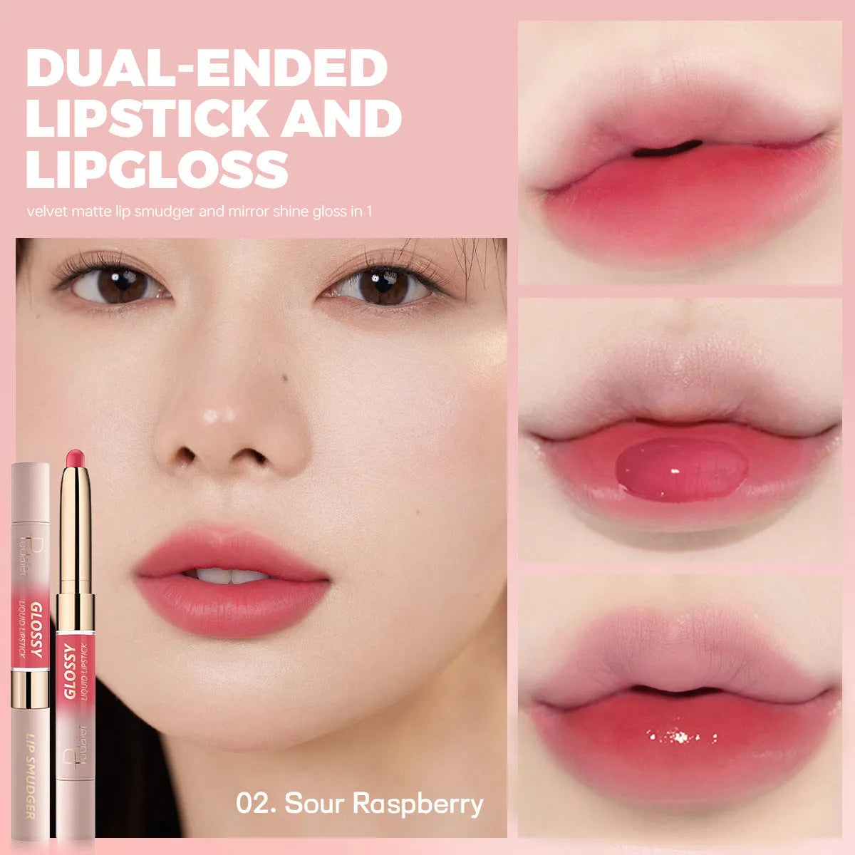 Double-headed lipstick and lip gloss product showing matte and glossy ends in one of ten available colours.
