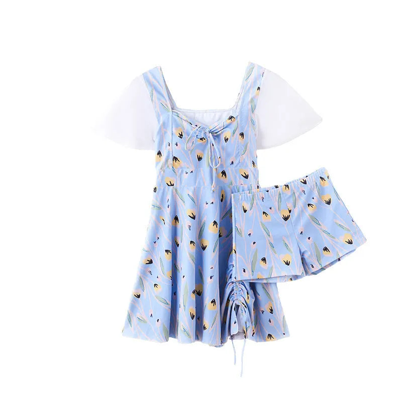 Sea Salt Blue women's one-piece swimsuit with floral pattern for swimming.