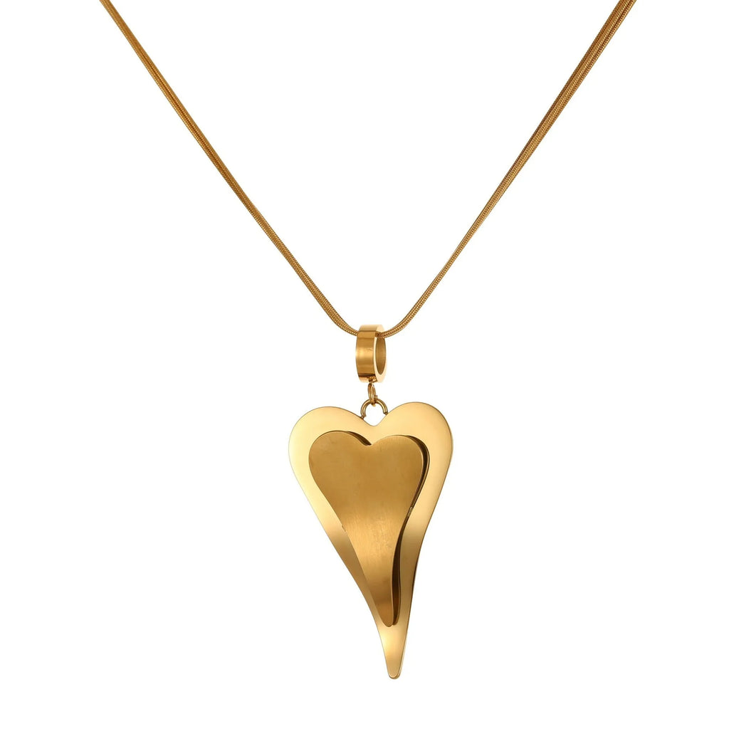 Double heart snake bones chain necklace with geometric pendant in stainless steel with 18K electroplated finish