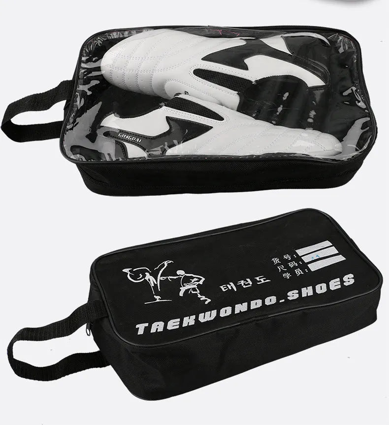 Black and white children's martial arts shoes with soft-bottom design for Sanda and taekwondo training