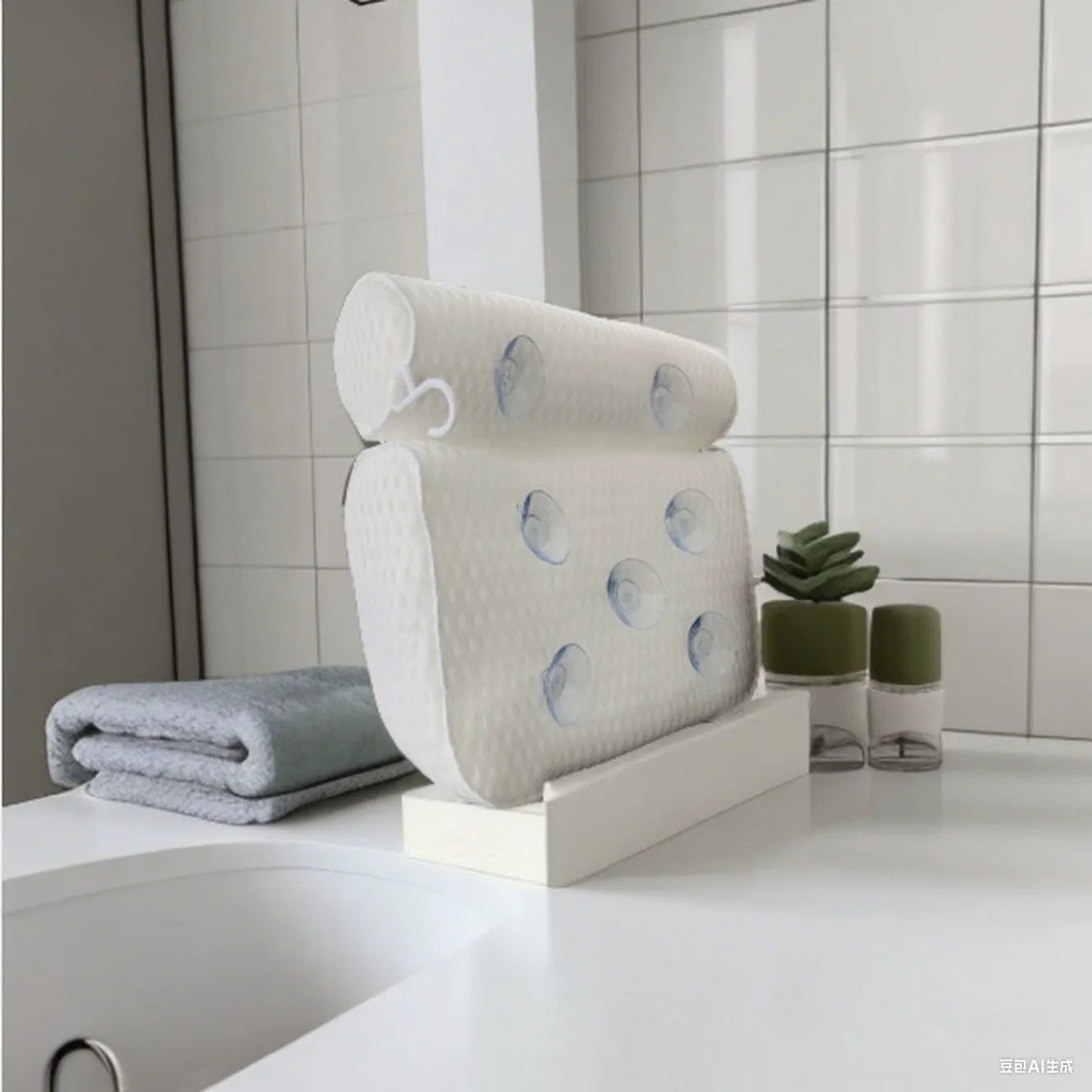 White bathtub pillow with 4D mesh and 7 suction cups on a bathtub.
