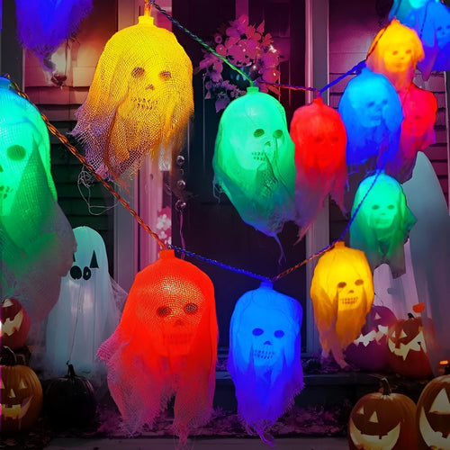 Battery-powered Halloween string lights with multi-coloured LED bulbs on a black wire.