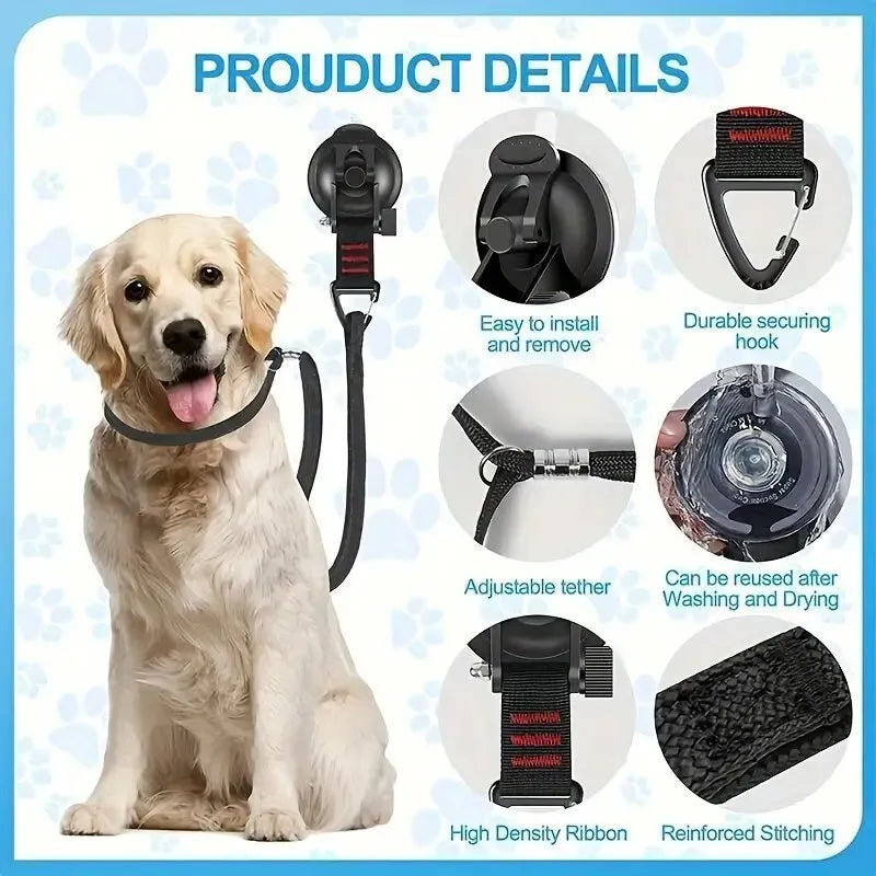Pet bath restraint kit with four blue suction cup handcuffs and a connecting rope on bathroom tiles.
