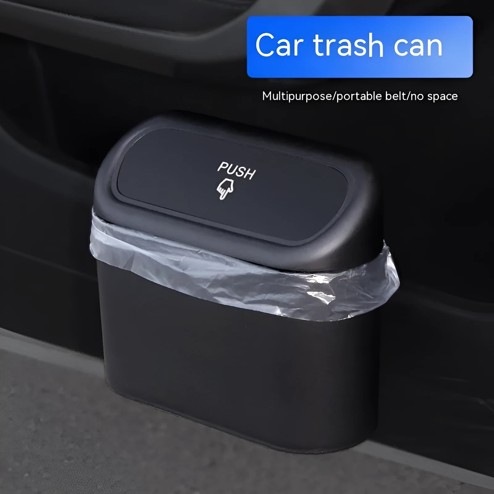 Black car seat mounted folding trash can with waterproof plastic construction
