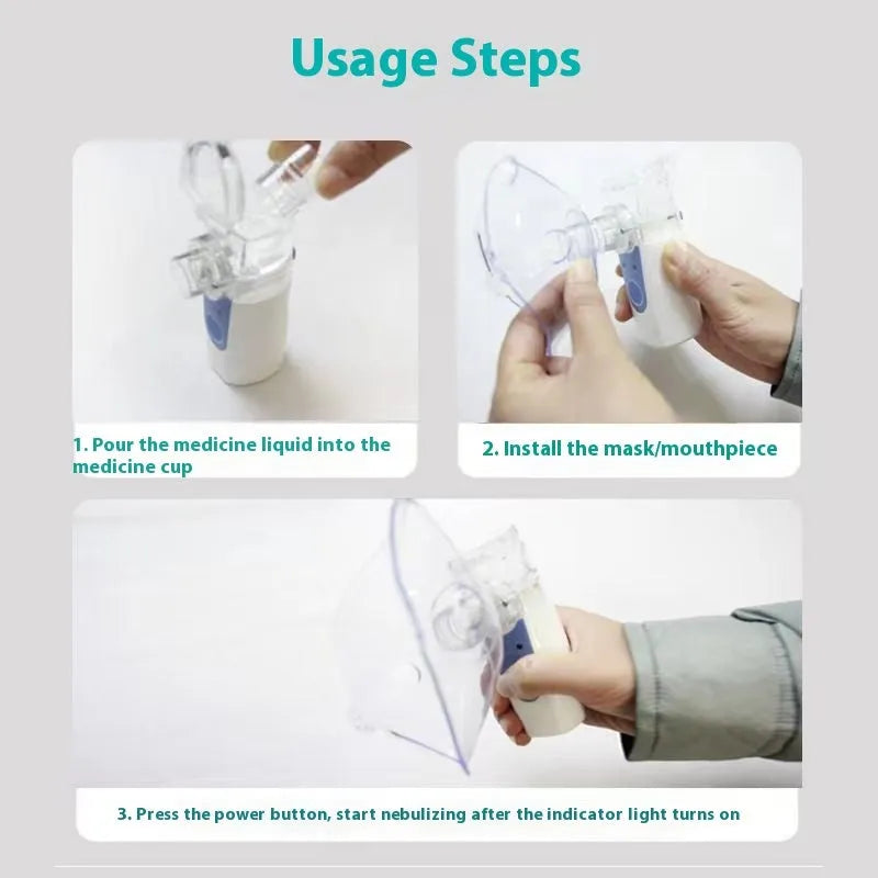 White columnar handheld USB nebuliser spray machine on a table with data cable.