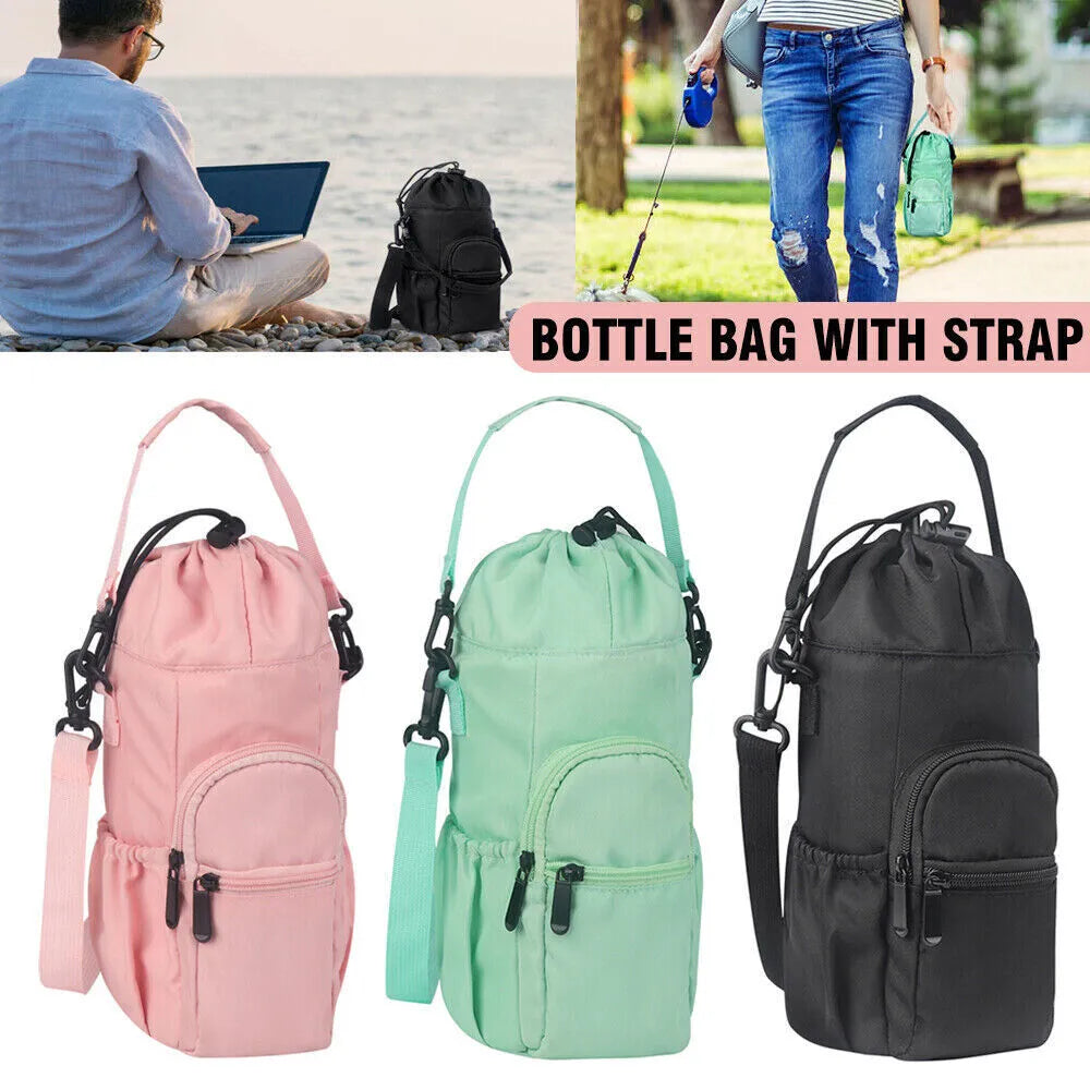 Cloth canvas water bottle pouch crossbody bag in black, green, or pink colours