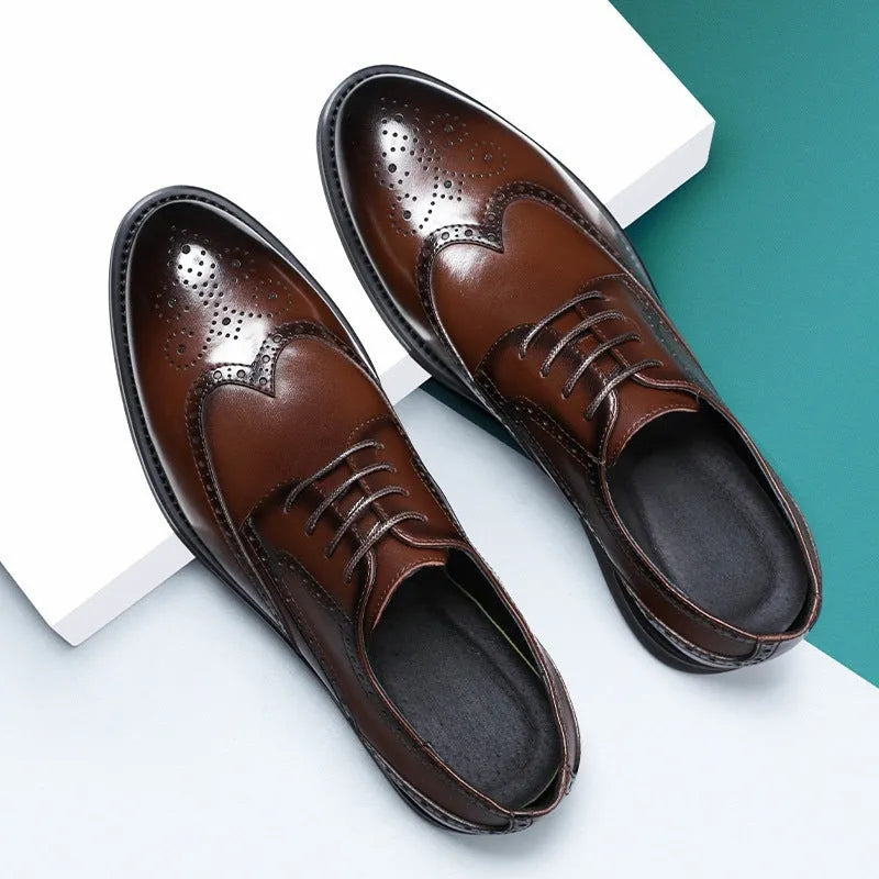 Men's black and brown brogue business shoes with traditional detailing and PU leather construction