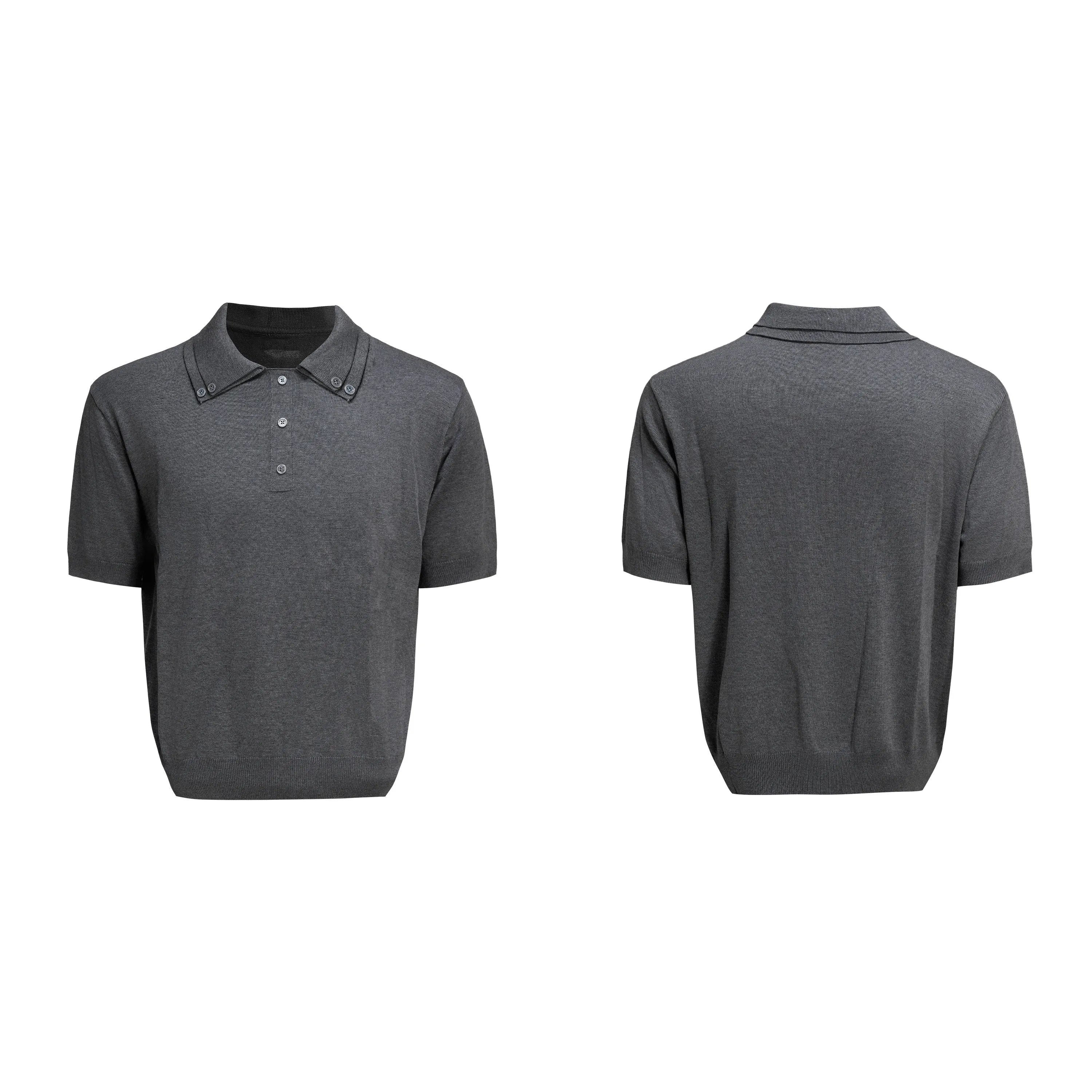 Men's black slim knit short sleeve shirt with double collar design and fastener decoration