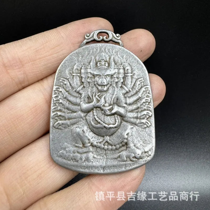 Iron Chinese geometric pendant ornament in Aryaacalanatha Yamantaka colour for wall hanging.