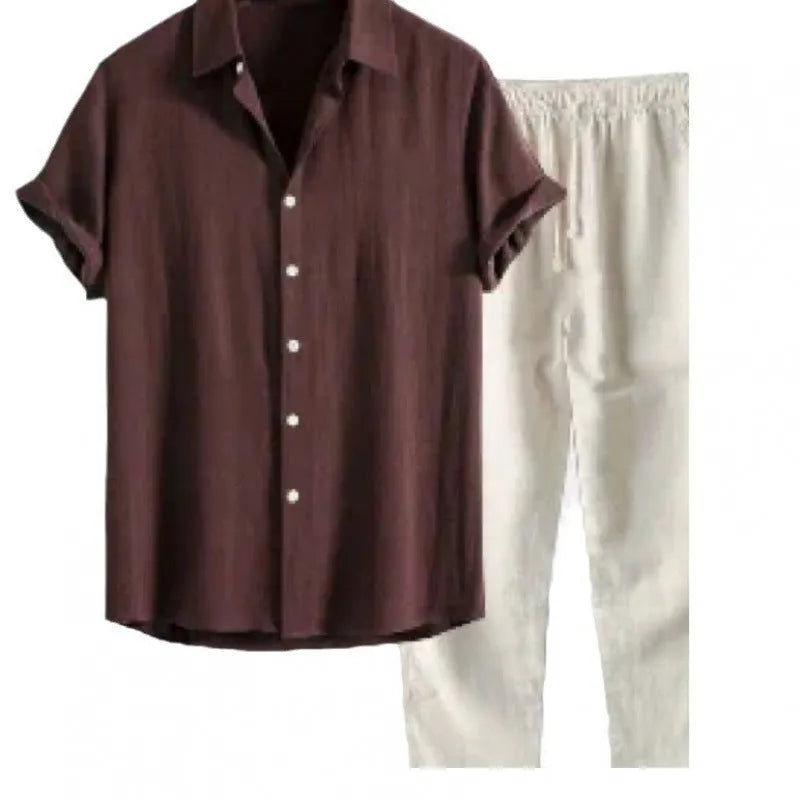 Men's casual short sleeve shirt and trousers set in polyester linen fabric with loose fit