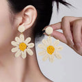 Handmade silver needle earrings for women, flower shape with rhinestones, bohemian pastoral style, available in beige pink and yellow