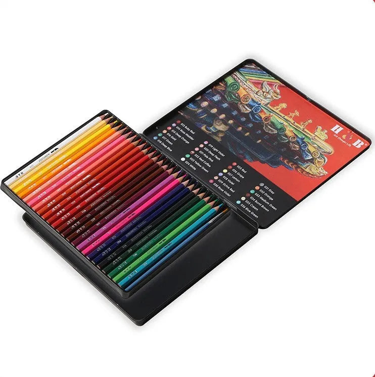 Water-soluble coloured pencil set with 24 colours in a protective iron art box